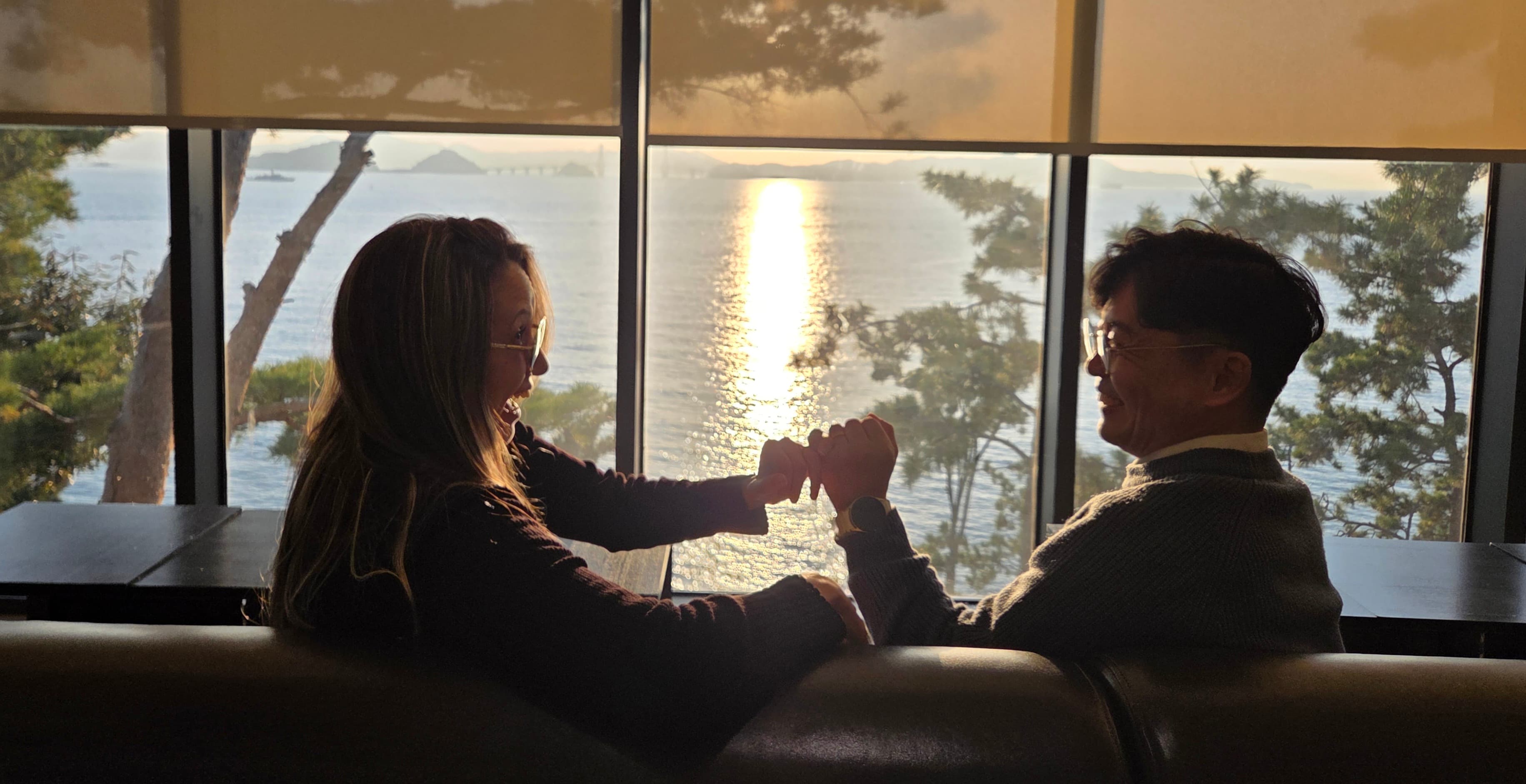 Couple at sunset cafe